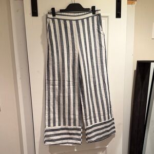 Striped Wide Leg Lined Linen Pants - White & Navy